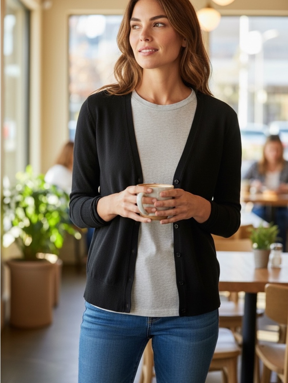 Classic V-Neck Navy blue Cardigan Sweater - Women's